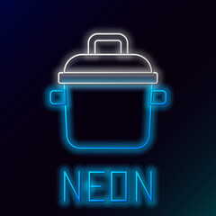 Sticker - Glowing neon line Cooking pot icon isolated on black background. Boil or stew food symbol. Colorful outline concept. Vector