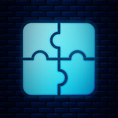 Poster - Glowing neon Piece of puzzle icon isolated on brick wall background. Business, marketing, finance, template, layout, infographics, internet concept. Vector