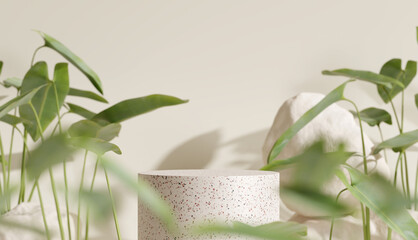 Fototapete - Terrazzo podium, Cosmetic display product stand with blurred nature leaves on brown background. 3D rendering