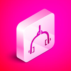 Wall Mural - Isometric Bicycle brake calipers dual pivot icon isolated on pink background. Bicycle brake wire. Silver square button. Vector