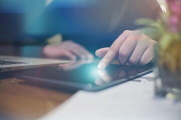 Woman hand presses on screen digital tablet Online Digital marketing  technology concept