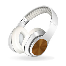 White And Brown Headphones Isolated On White Background, Realistic Vector Illustration.