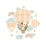 Illustration with balloons, rainbows, a bouquet of flowers, clouds. Cute composition in pastel colors. The concept of spring, joy. Poster for children's rooms, print for clothes, postcards. Vector