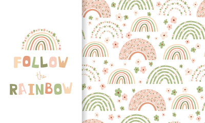 Wall Mural - Set cute poster and seamless pattern delicate spring rainbow and flowers. Collection in hand drawn style in pastel colors for kids clothing, textiles, children's room design. Vector illustration