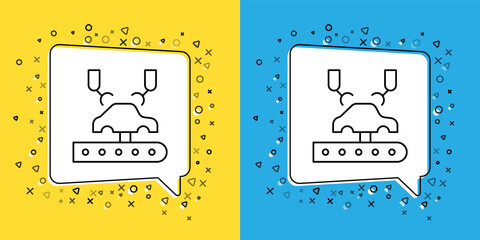 Poster - Set line Industrial machine robotic robot arm hand on car factory icon isolated on yellow and blue background. Industrial automation production automobile. Vector