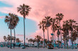 Venice Beach, California sunset with palm trees and buildings in pink and teal within Los Angeles