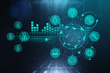 Poster - Digital green hologram with network and data icons