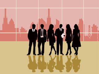 silhouette of group business man and the woman on the office building background