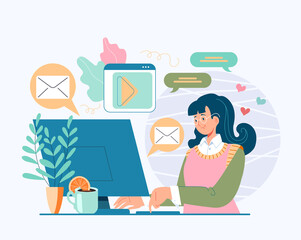 Woman girl teen character sitting on computer and communicate with friends. Online internet social media concept. Vector cartoon flat graphic design illustration