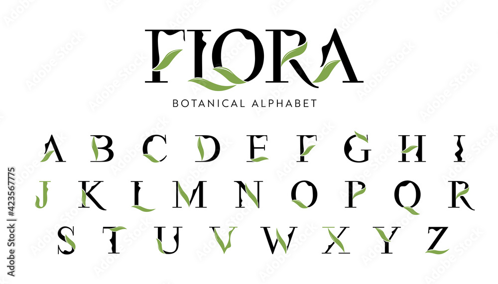 Vector Floral Alphabet with decorative leafs elements. Modern elegance ...