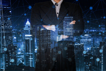 Double exposure businessman on global business network and trading graph background . Element of this images furnished by NASA.