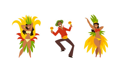 Sticker - Brazilian Samba Dancer in Bright Feathered Costume and Musician Playing Maraca Vector Set