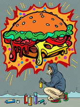 A Teenage Boy Draws A Graffiti Image Of A Burger. Fast Food