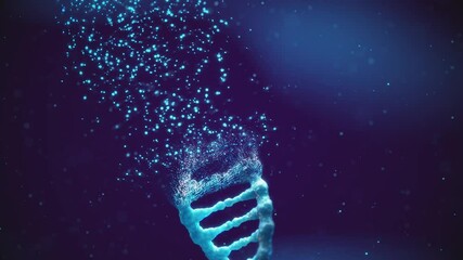 Poster - 3d animation of double helix DNA molecule created from particles, Emergence of life(abiogenesis) and evolutionary genetics concept.
