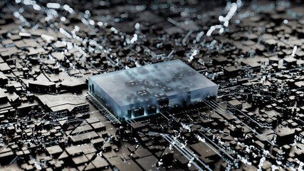 Advanced Technology Concept with Microchip. White Neon Data flows from the CPU across a Futuristic Motherboard. 3D render.