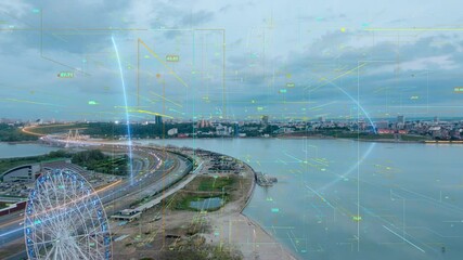 Poster - Smart City Aerial Drone Footage Hologram Information Arches Forming During Network Communication Futuristic Network and Technology 5G Drone Low Light 4k. Video loop, time lapse