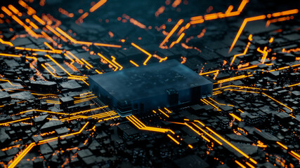 Advanced Technology Concept with Microchip. Orange Neon Data flows from the CPU across a Futuristic Motherboard. 3D render.