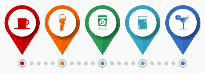 Aufkleber - Drinks, restaurant concept vector icon set, flat design pointers, infographic template