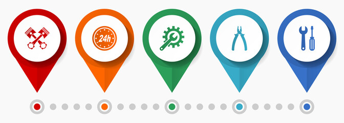 Poster - Car serivce and repair vector icon set, flat design pointers, infographic template