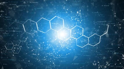 Chemical molecules and elements word cloud animated on bright blue abstract background.