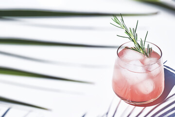 Wall Mural - Summer grapefruit cocktail. Fresh healthy grapefruit beverage with herbs on sunlight with hard shadows. Creative drink with palm leaf on white background.