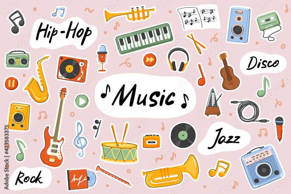 Music cute stickers template set. Bundle of guitar, drums, saxophone ...