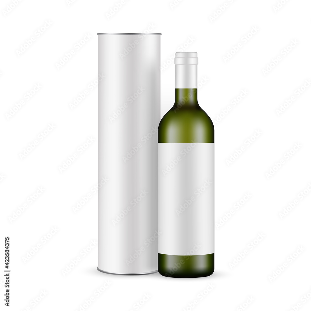 Green Glass Wine Bottle With Label and Cardboard Tube Mockup Isolated on White Background. Vector Illustration - obrazy, fototapety, plakaty 