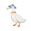 cute goose with chamomiles, hand drawn clipart, children's illustration with cartoon character, card design