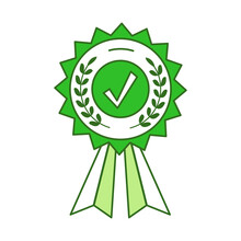 Achievement Green Medal With Ribbons And Check Mark Vector Cartoon Outline Illustration. Prize For Winner In Competition, First Prize For Champion, Consolation Prize Icon Design.