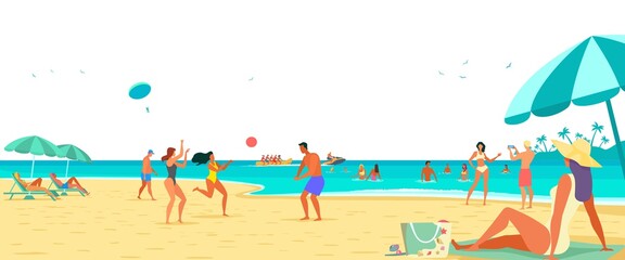 Wall Mural - Summer vacation, people on the beach. Sea, sand, sun and peaceful. Vacation at the beach vector illustration
