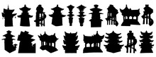 Set Of Japanese Pagodas, Chinese Temple Or Buddhist Monastery And Tree House On Stilts For Living In Jungles. China Religious Architecture. Watch Towers Set, Eastern Han Dynasty. Vector.