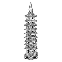 Sticker - Cultural and religious Chinese pagoda palace statue. China traditional architecture building made of stone. Stupa replication near temple. Spiritual tomb or monument with tiers and roof eaves. Vector.