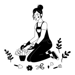 Wall Mural - PrintWoman planting flowers in pot. Hand drawn doodle gardening illustration. Caring for indoor plants. Outline black and white vector illustration.