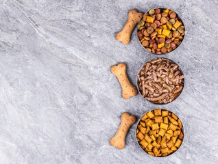 Delicious dog food, treats and cookies. Pet food copy space