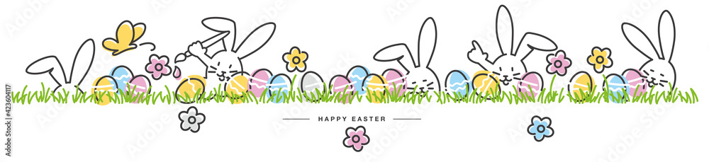 Happy Easter egg hunt handwritten art line design of cute smiling Easter bunnies with flowers and eggs in grass on white isolated background great for Easter Cards, banner, textiles, wallpapers - obrazy, fototapety, plakaty 