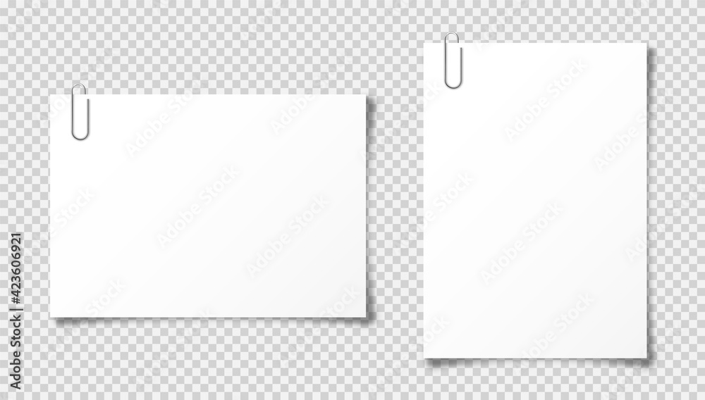 Realistic blank paper sheet in A4 format on transparent background. Notebook page, document with steel paper clip. Design template or mockup. Vector illustration. - obrazy, fototapety, plakaty 