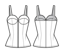 Denim Corset Top Bustier Technical Fashion Illustration With Basque, Thin Straps, Zip-up Closure, Cups, Fitted Body. Flat Apparel Template Front, Back, White Color Style. Women, Men, Unisex CAD Mockup
