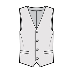 Wall Mural - Lapelled vest waistcoat technical fashion illustration with sleeveless, notched shawl collar, button-up closure, pockets. Flat template front, grey color style. Women, men, unisex top CAD mockup