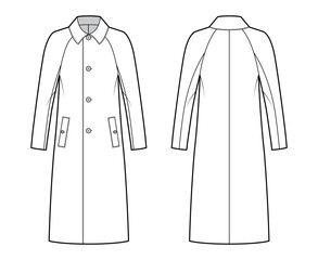 Wall Mural - Balmacaan coat technical fashion illustration with raglan long sleeves, regular collar, oversized body, midi length. Flat jacket template front, back, white color style. Women, men, unisex CAD mockup