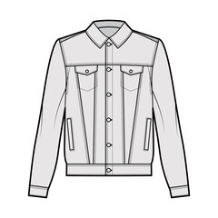 Wall Mural - Standard denim jacket technical fashion illustration with oversized body, flap welt pockets, button closure, classic collar, long sleeves. Flat apparel front, grey color. Women, men unisex CAD mockup