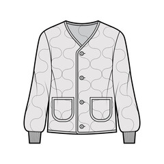 Wall Mural - ALS 92 field jacket liner technical fashion illustration with oversized, long sleeves, oval patch pockets, Onion quilted shell. Flat coat template front, grey color style. Women men unisex CAD mockup