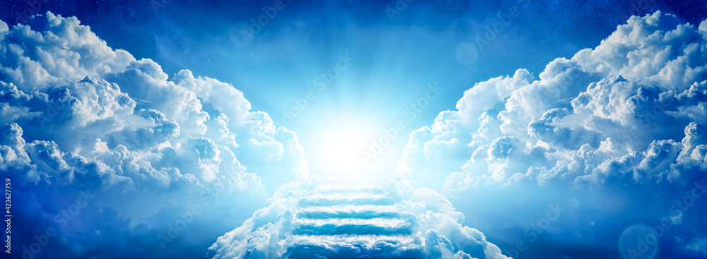 Stairway Through Clouds Leading To Heavenly Light - obrazy, fototapety, plakaty 
