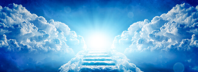 Fototapete - Stairway Through Clouds Leading To Heavenly Light