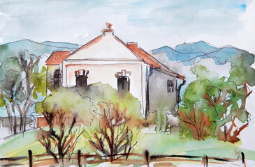 Watercolor drawing of a house in the mountains in spring, travel sketch