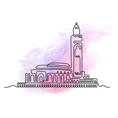 Wall Mural - Casablanca, Morocco. One line sketch on watercolour background. Vector illustration.