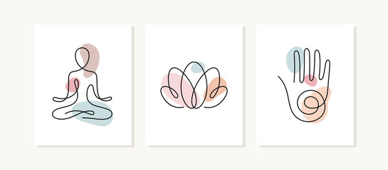 yoga posters. one line vector illustration. lotus position, lotus flower and hand, spiritual sign.