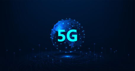 Leinwandbilder - Technology future communication.5G symbol on world wireless Internet network connection Illustration internet of things on dark blue background.Concept of future technology 5G network.