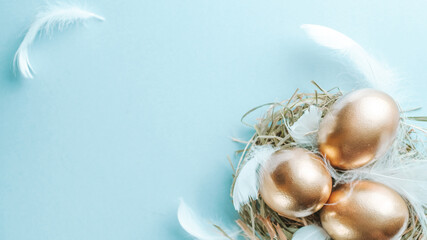 Wall Mural - Easter eggs gold. Golden colour egg in basket with white feathers on pastel blue background in Happy Easter decoration. Congratulatory easter design. Flat lay, top view.