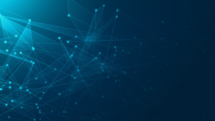 Fototapete - Abstract blue green polygon tech network with connect technology background. Abstract dots and lines texture background. 3d rendering.
