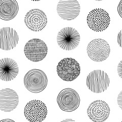 Wall Mural - Seamless pattern of graphic doodle black and white circles. Hand Drawn Scribble Circle shapes. Trendy hand drawn textures. Modern abstract design for paper, cover, fabric, interior decor